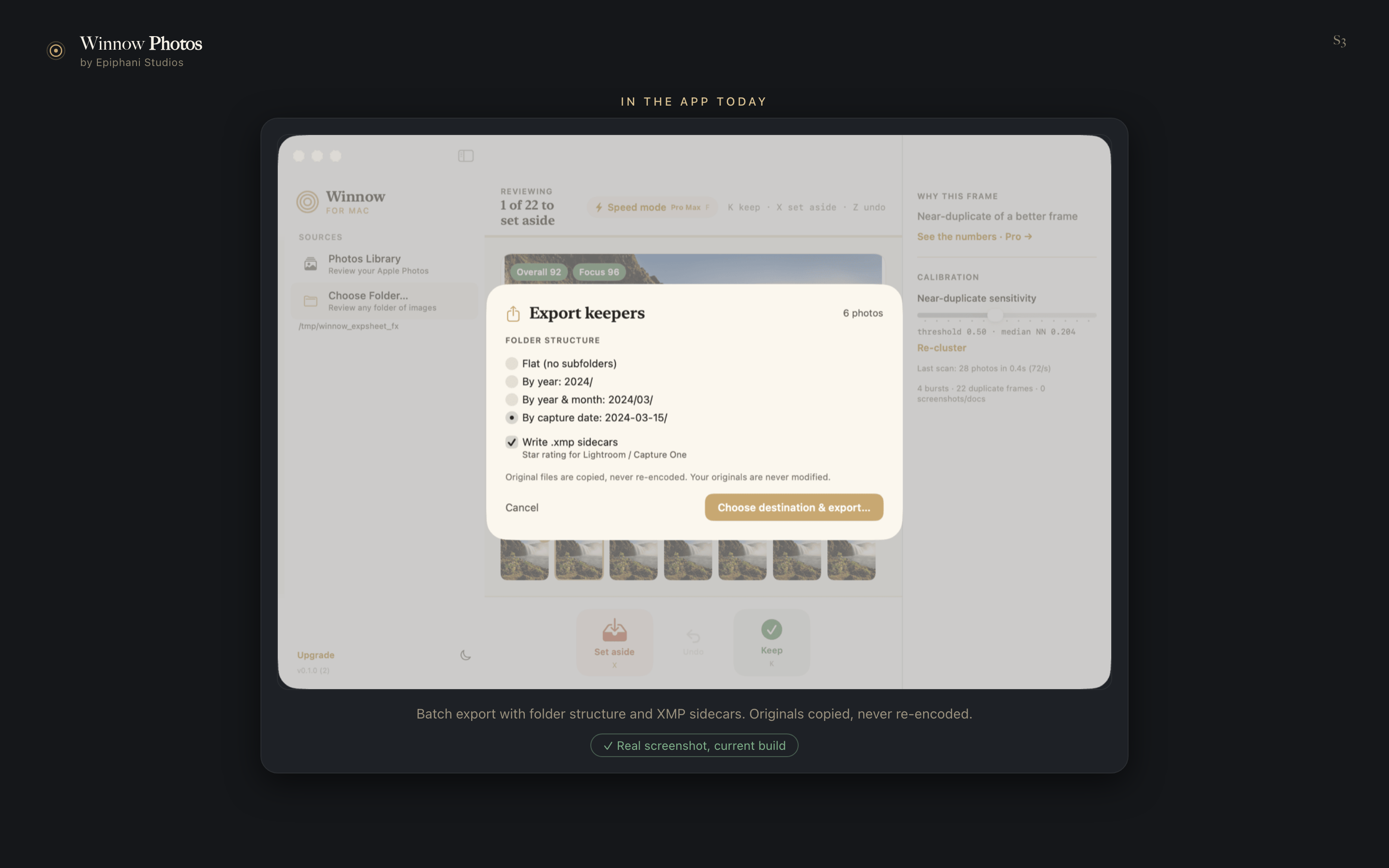 Winnow for Mac export sheet, dark theme