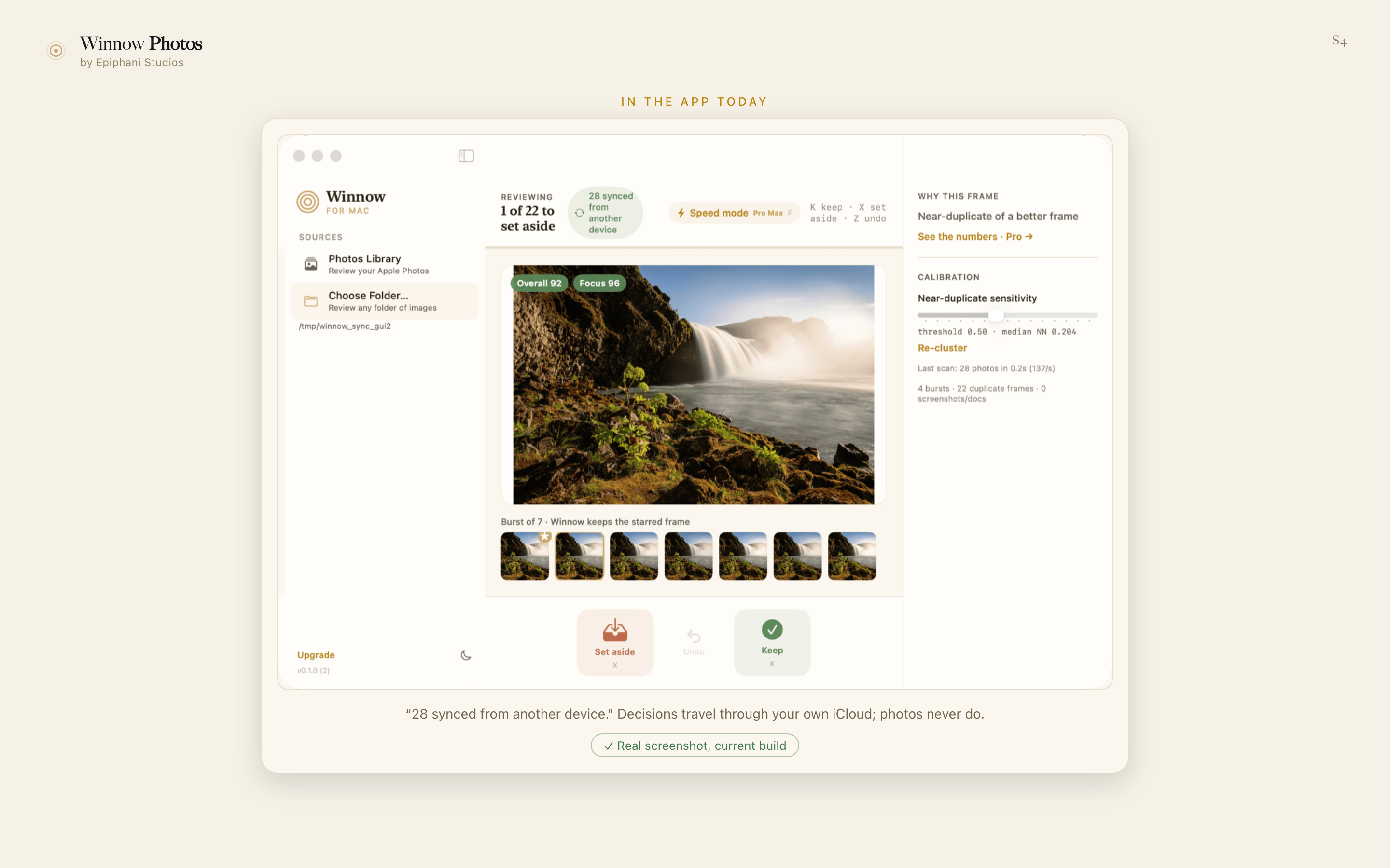 Winnow for Mac showing 28 keep decisions synced from another device through iCloud