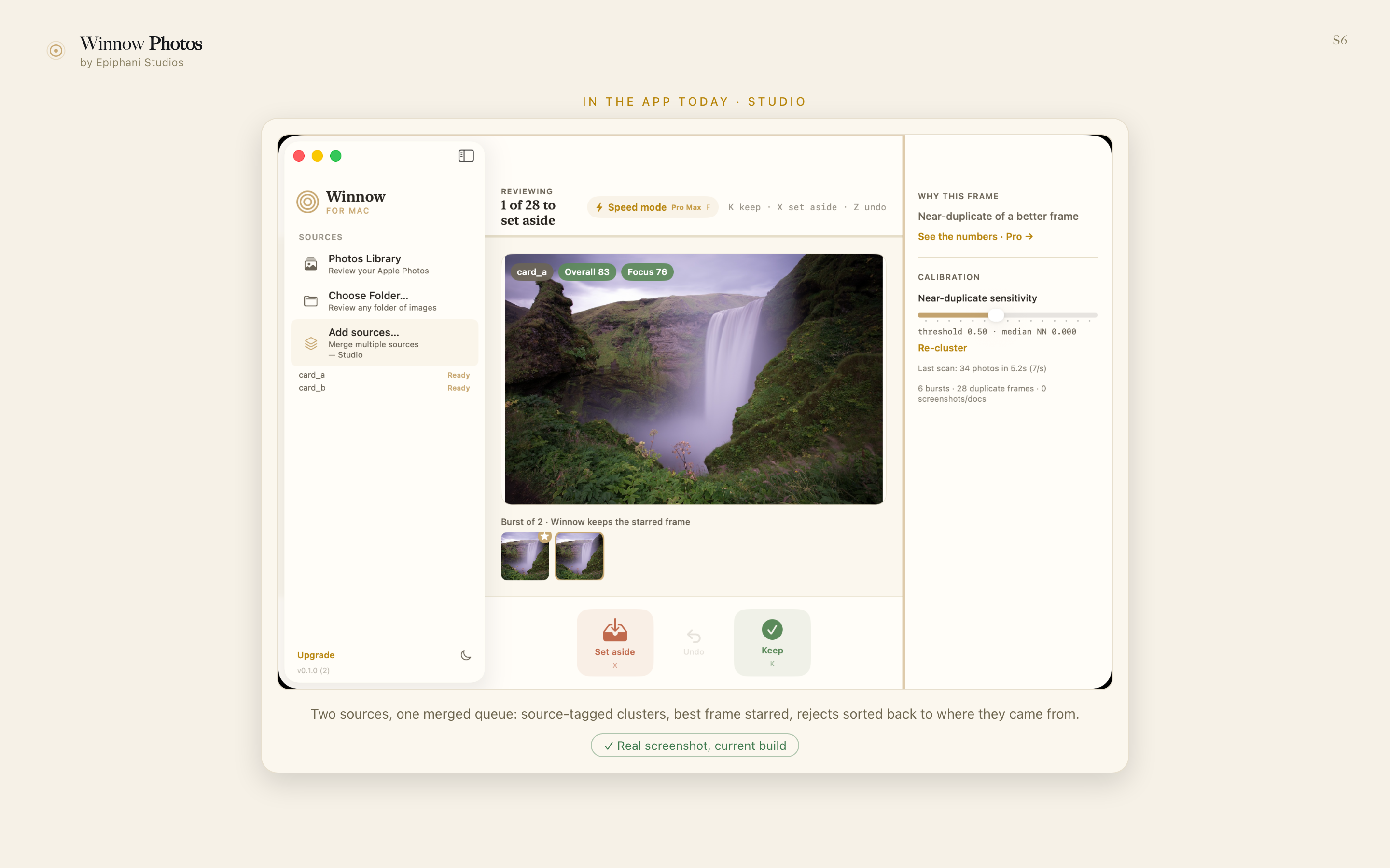 Winnow for Mac merging two sources into one review queue: a card_a source badge on the candidate frame, both sources listed Ready, real scan stats for 34 photos across 6 bursts