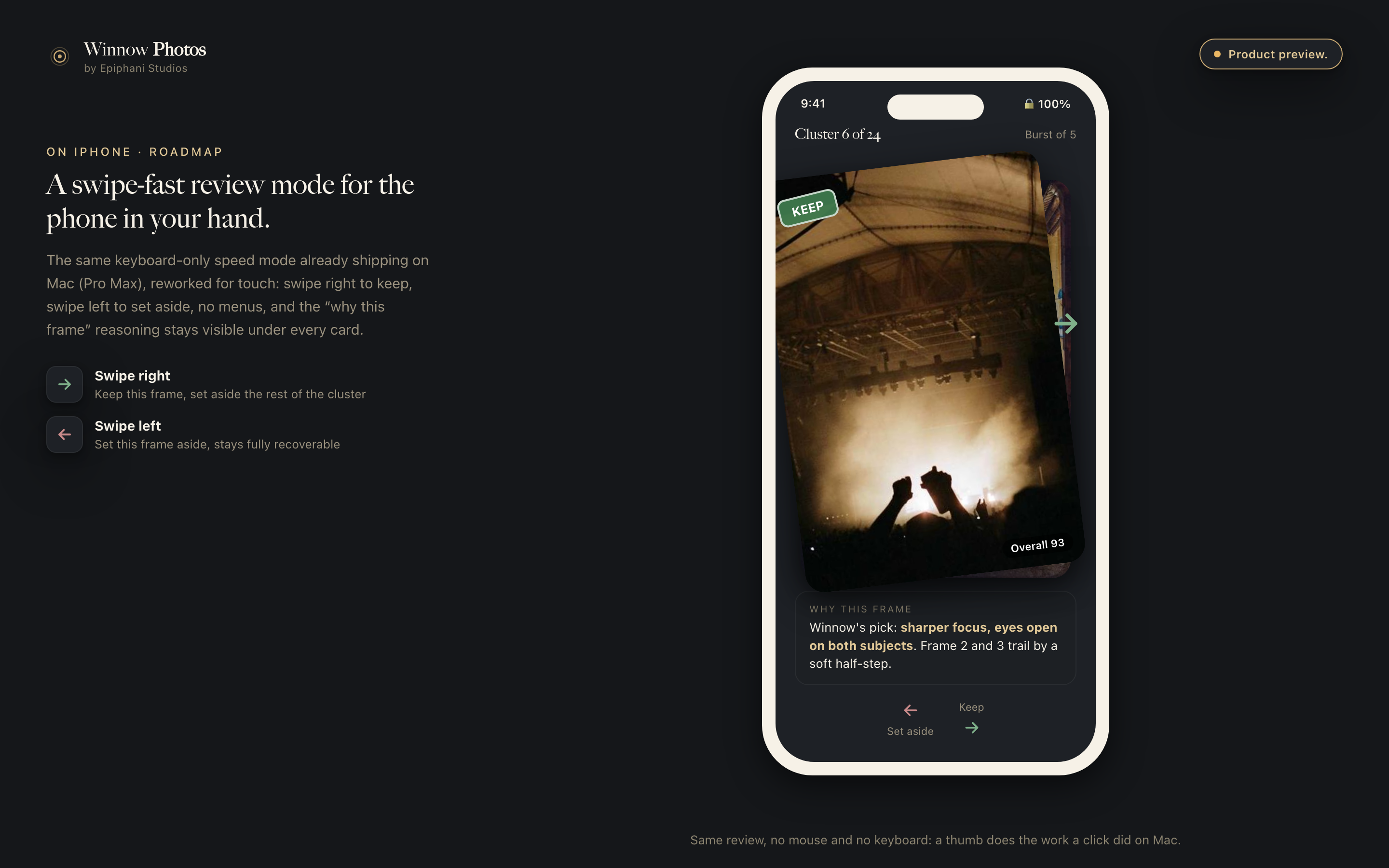 Mockup of touch and swipe speed mode on iPhone, dark theme